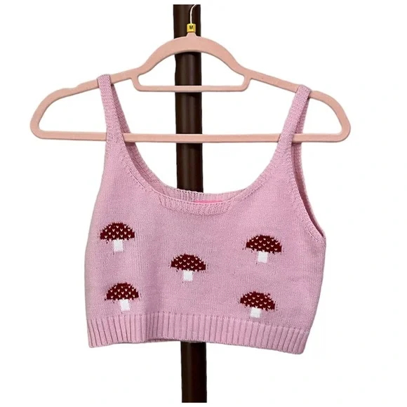 Sugar Thrillz pink mushroom cropped sweater tank top size medium (runs small) - Picture 1 of 4